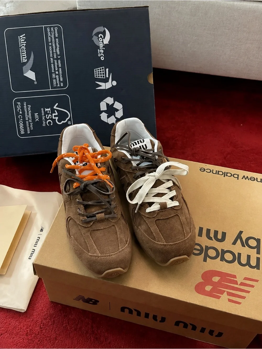 Miu Miu Brown Suede Men's Sneakers with Cream and Orange Laces